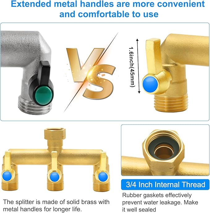 Garden Hose Splitter Full Flow, 3 Way Heavy Duty Outdoor Brass Hose Splitter with Metal Shutoff Valve and Long Handle Outdoor Faucet Diverter, 3/4" GHT Threads,Water Flow Increase