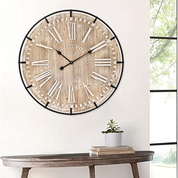 Large Wall Clock –30 Inch Farmhouse Clock -Extra Large 30 Inch Wood and Metal Wall Clock, Silent and Battery Operated for Living Room, Kitchen and Office Decor