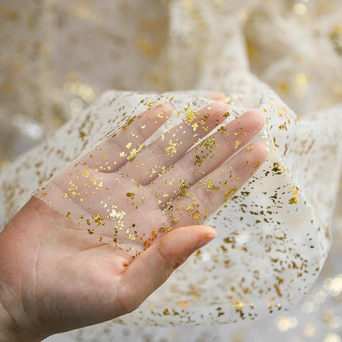 Artoid Mode 6Pcs Beige Gold Gauze Table Runner 120 Inch 10FT, Glitter Metallic Foil Sheer Dining Wedding Anniversary Holiday Birthday Table Decor for Home Party