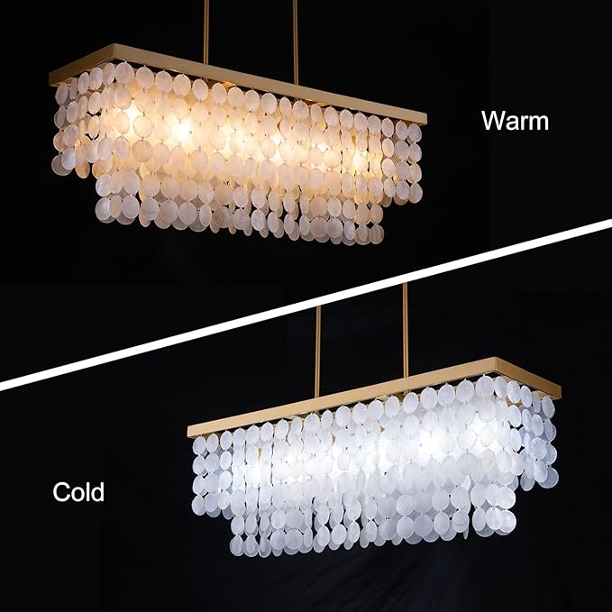 TOCHIC Rectangular Capiz Shell Chandelier, Coastal Beach Lighting 6 Lights, Modern Gold Chandelier Shell Pendant Light for Kitchen Island, Dining Rooms, 2 Tier, 39.3in L