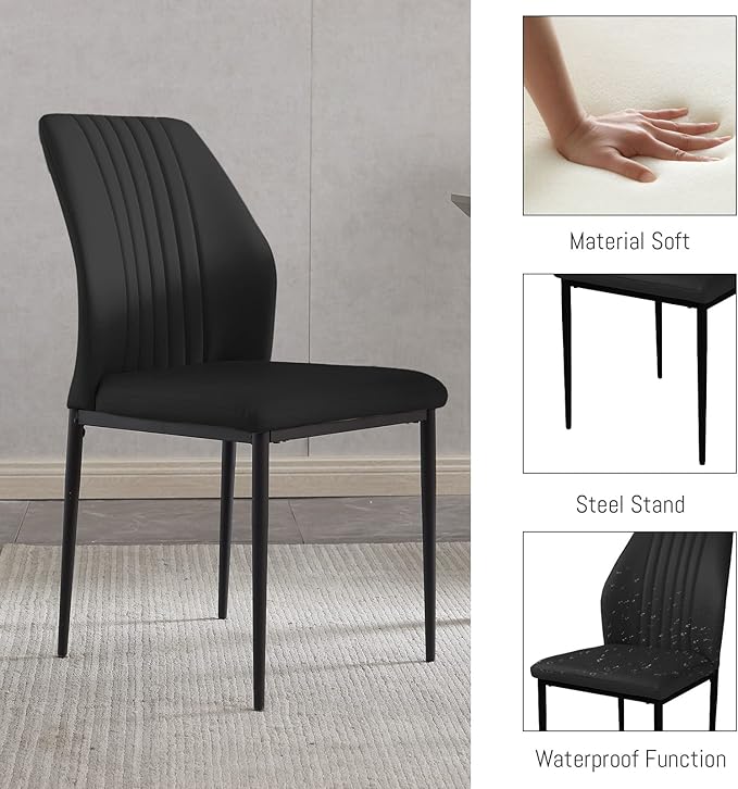 Modern 4-Piece Dining Table Set with Leather Chairs | 55.1 Inch Wood Kitchen Table & 4 Black Leather Seats | Space-Saving Durable Furniture for Small Spaces, Dining Room, Breakfast Nook