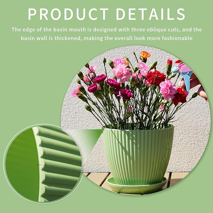 Plant Pots Indoor with Saucers & Drainage - 6 Pack Flower Pots - Plastic Planters for Indoor Planter - 7.5/6.6/5.8/5.0/4.3/3.5 inches Sizes for All Different Types of Plants-Light Green
