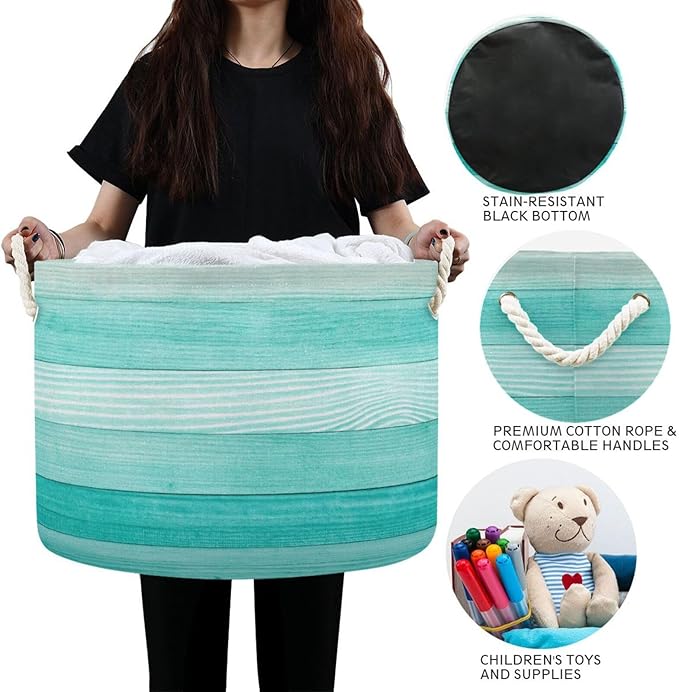 xigua Large Storage Basket Cotton Rope Basket Teal Mint Green Wood Baby Laundry Basket for Blankets Toys Storage Basket Laundry Hamper