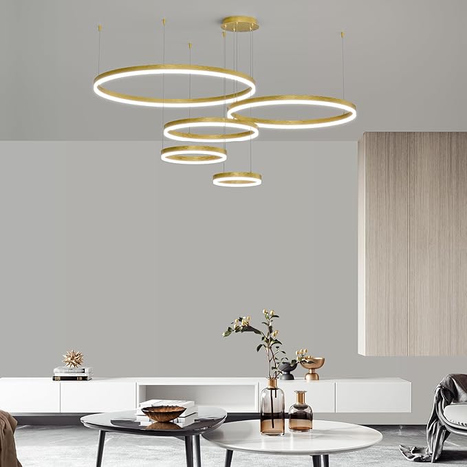 LED Pendant Light for Kitchen Island, 5-Ring Gold Modern Chandelier, Dimmable 3000K-6500K, Adjustable Height, Remote Control, Hanging Ceiling Lighting Fixture for Dining Room, Living Room Lamp