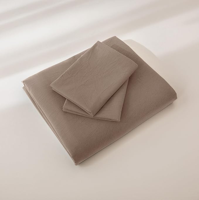 JIYUAN 100% Washed Cotton Duvet Cover Set 3 Pieces Super Queen, 1 Duvet Cover 90x98 Inches(Comforter Not Included) and 2 Pillowcases,Linen Feel Bedding Set Comfy and Breathable,Light Brown