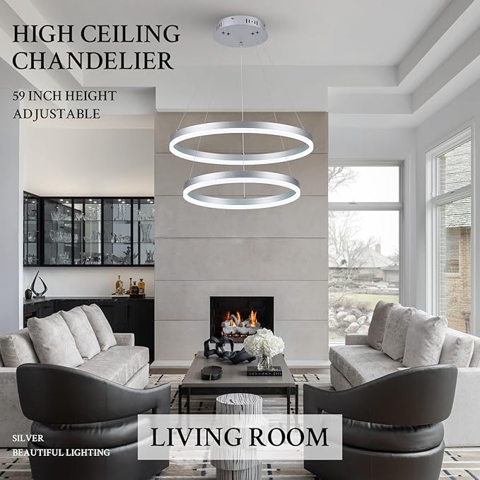 Modern LED Chandelier Silver 2-Rings Pendant Light Circular Flush Mount Ceiling Chandelier Lighting with Remote Control for Bedroom Living Room Dining Room Entrance, 3000K-6500K