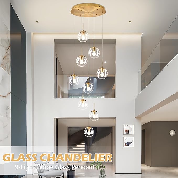 KoKo&Yukina 9-Light Globe Glass Pendant Light Adjustable Length Pendant Lights Fixtures Modern Gold Clear Globe Glass Chandelier High Ceiling Lights Fixtures for Foyer Staircase (Bulb & Remote Incl)