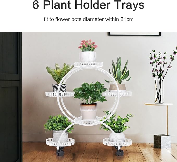 unho Metal Plant Stand 6-Potted: Flower Pot Holder with Wheels 4 Tier Display Shelf Rack for Patio Balcony Yard Garden Home Decor, White