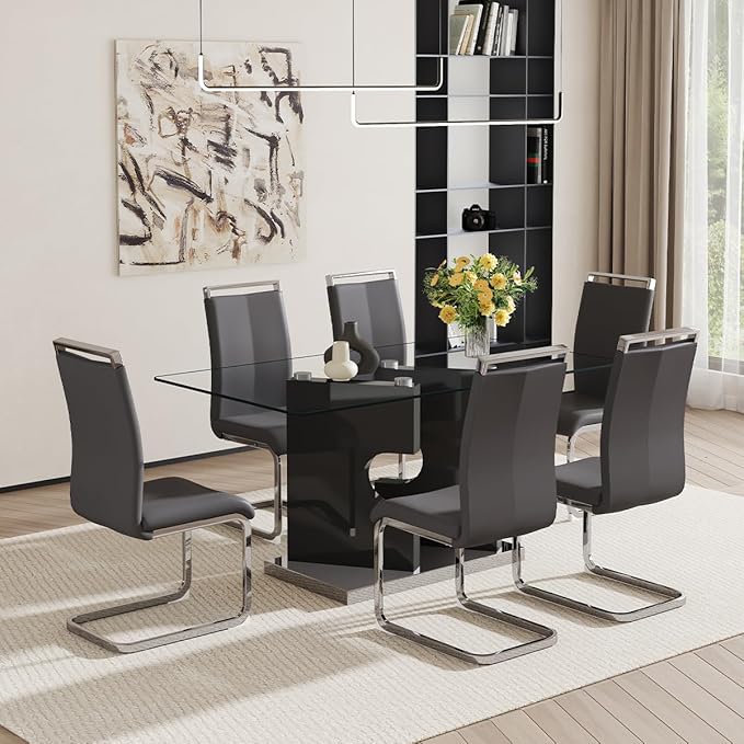 Glass Dining Room Table Set for 6,Dining Table Set for 6 with PU Leather Chairs,Retangular Dining Table with MDF Table Legs and Sliver Base for Dining Room