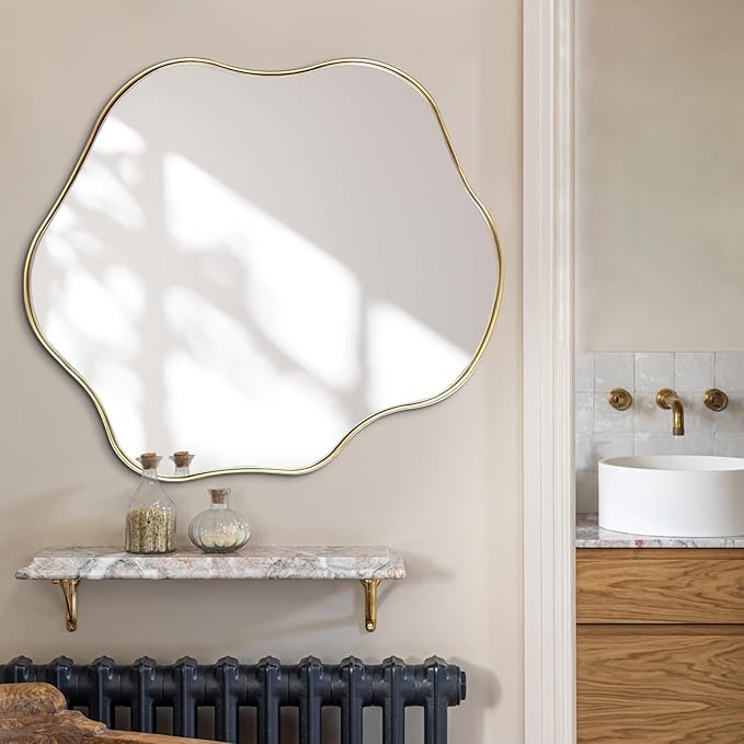Gold Irregular Mirror, Scalloped Rounded Mirror, 30"x26.8" Asymmetrical Wall Mirrors, Wavy Decorative Mirrors for Living Room Bathroom Bedroom Hallway Entryway Fireplace