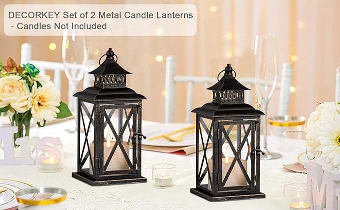 DECORKEY Lantern Decorative Indoor & Outdoor, 2 Pack Large Hanging Candle Lanterns Home Decor, Vintage Metal Candle Holders for Front Porch Patio Wedding Party, Halloween Christmas Decorations (Black)