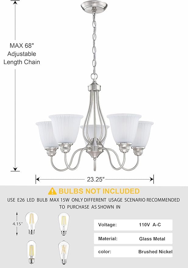 Doraimi Lighting 5 Light Chandelier Stripe Frosted Glass Shade Classic Style Ceiling Pendant Light Fixture Brushed Nickel Finish for Meeting Room Dining Room Over Table Living Room