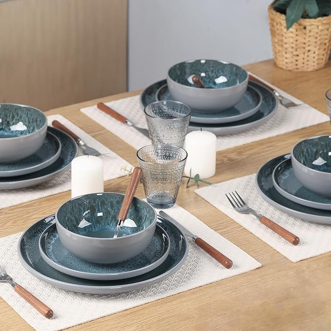 CQN&ZXD Ceramic Plates and Bowls Sets, 12 Pieces, Hand-Crafted Dishes set for 4 with Flowing Reactive-Glaze, Microwave & Dishwasher Safe Dinnerware Sets, Modern Style, Elegant Grey & Wave Blue