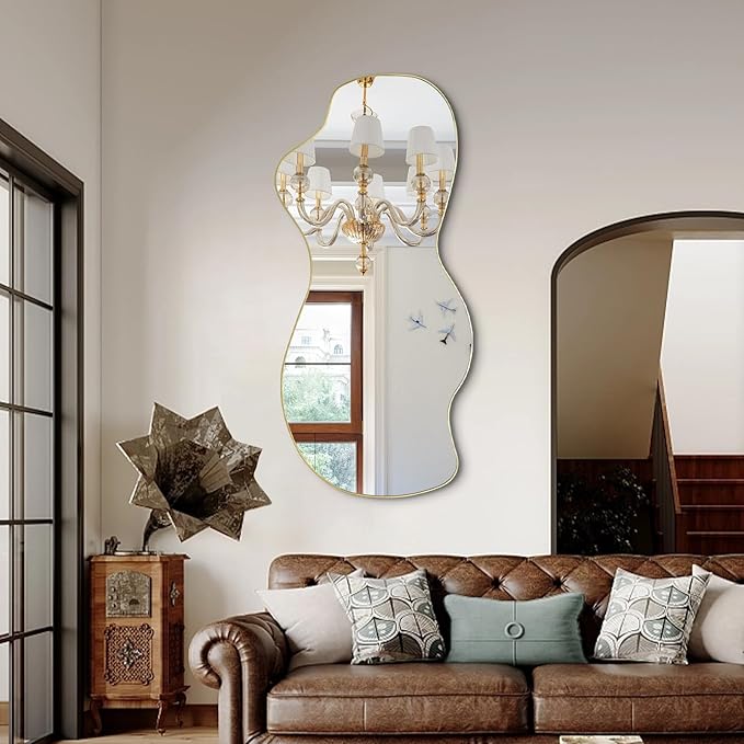 POZINO Large Irregular Mirror, Asymmetrical Full Length Mirror, 55"x25.5" Gold Wavy Shaped Mirrors, Modern Frameless Decorative Mirrors for Dressing Living Room Bathroom Bedroom Hallway Entryway
