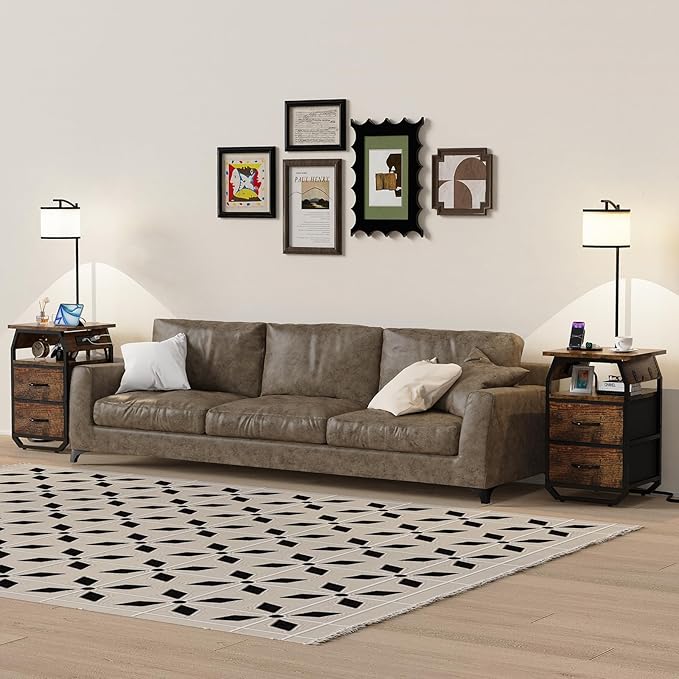 Floor Lamp with Table, End Tables with Lamps Attached 3-Color Temperature Bulb, Side Table with Lamp with 2 Drawers & Charging, Lamps Tables Combo for Bedroom, Dorm, Apartment - Rustic Brown