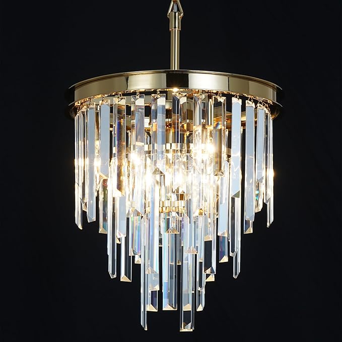 13.8'' Modern Crystal Chandelier, Gold Round Ceiling Light with Clear Prisms, Luxury Flush Mount Lighting Fixture for Dining Room Bedroom Foyer