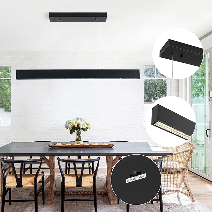 Dimmable Linear Chandelier, 41 Inch Modern LED Chandelier, 40W LED Pendant Light with Adjustable Height, Black Modern Kitchen Chandeliers for Kitchen Island, Dining Room, Office, Living Room
