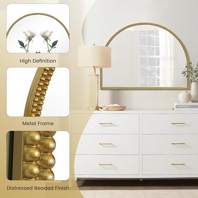 WallBeyond Gold Vintage Mirror for Vanity 32x24 Inch, Gold Antique Mirror with Ornate Beaded Frame for Bathroom, Living Room, Fireplace, Entryway