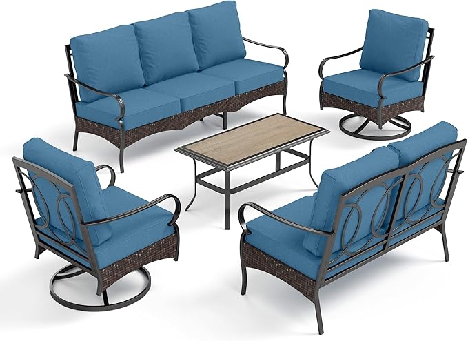 PHI VILLA Outdoor Modern Patio Furniture Set, Upgraded Wicker&Metal Patio Furniture Conversation Set with Waterproof Thick Cushions for Porch, Poolside, Deck, and Yard (5 Pieces,Navy)