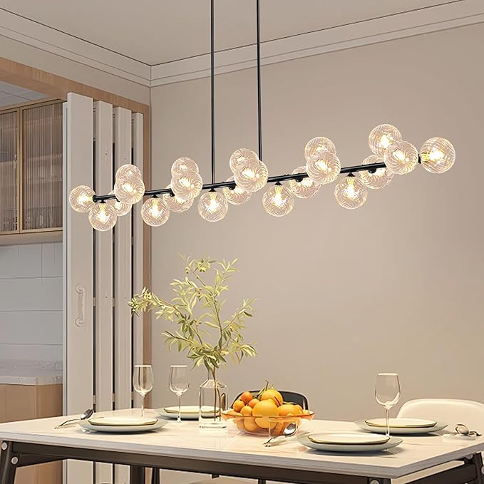 Modern Linear Chandeliers for Dining Room 70 Inhch Sputnik Linear Chandelier Clear Striped Glass Globe Pendant Light for Kitchen Island, Farmhouse, Living Room, Dia 70 Inch
