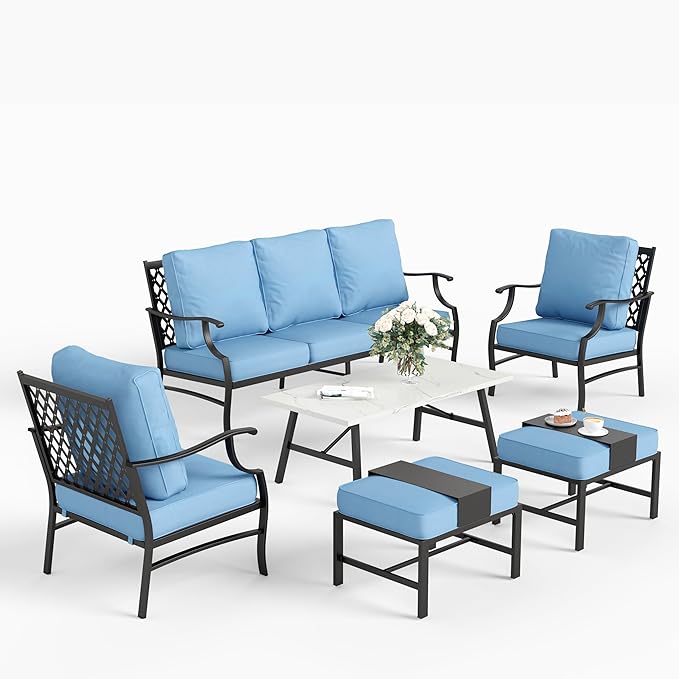 6 Piece Metal Outdoor Patio Furniture Set, Patio Conversation Sets 1 3-seater Sofa, 2 Fixed Chairs, 2 Ottomans with 5.75" Thick Cushion and Coffee Table, Black Backyard Furniture, Blue