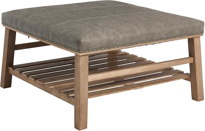 Large Square Coffee Table with Storage,Modern Faux Leather Ottoman Coffee Table,Luxury Upholstered Couch Table for Living Room/Sofa/Bedroom,Grey