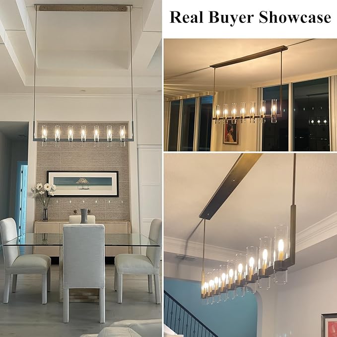 Modern Gold Linear Chandelier 59 in,Chandeliers for Dining Room 7 Light, Kitchen Island Lighting Fixture, Adjustable Chandelier over Dining Table, Gold Glass Chandelier Light Fixture, Includes Bulbs