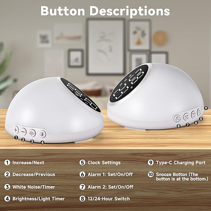 Alarm Clocks Bedrooms Sleep Sounds, Digital Dual Alarm Clock Bedroom, Bedside Alarm Clock Adjustable Brightness Button/App Control Night Light White Noises 12/24H Up to 10 Alarms, White