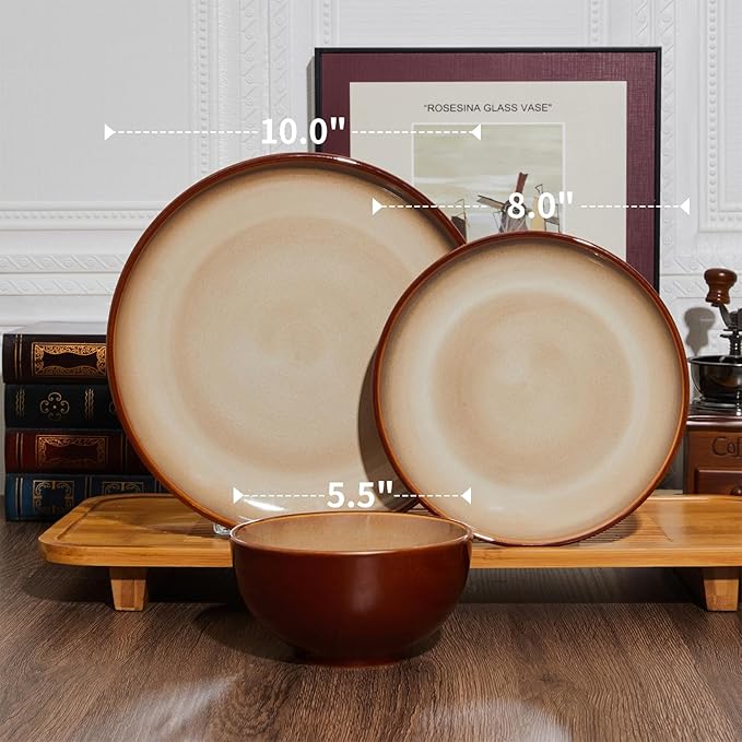 Ceramic Dinnerware Sets for 6, 18 Pieces Stoneware Plates and Bowls Sets, Chip and Crack Resistant Dishes, Dishwasher & Microwave Safe Dishware Sets, Brown Yellow