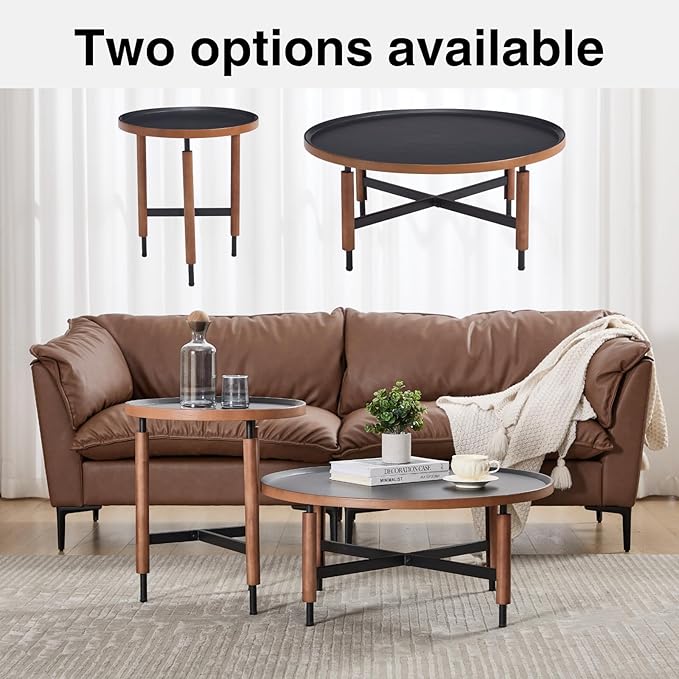 DUOMAY Modern Round Wood Coffee Table, 31.25'' Wide Center Table with X-Shaped Metal Base, Round Tubular Iron Legs Covered with Rubber Wood for Living Room, Lounge, Office, Apartment, Black