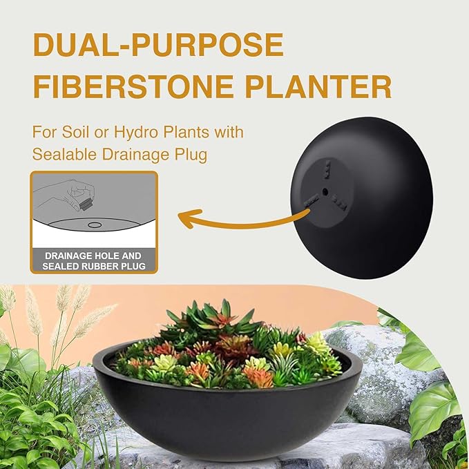 6.9" H x 19.7" D Round Bowl Fiberstone Planter for Succulent and Lotus, Drainage Hole, Weather Resistant for Indoor and Outdoor Use, Included 2 Extra Coco Mats (Black, 17.9" Pot Opening)
