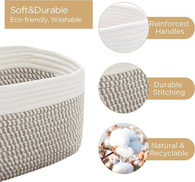 Small Cotton Rope Basket – Storage Bin for Organizing (10.6" x 6.7" x 6.7"), Bathroom Storage Basket for Shelf, Counter & Closet(White & Mixed Grey)