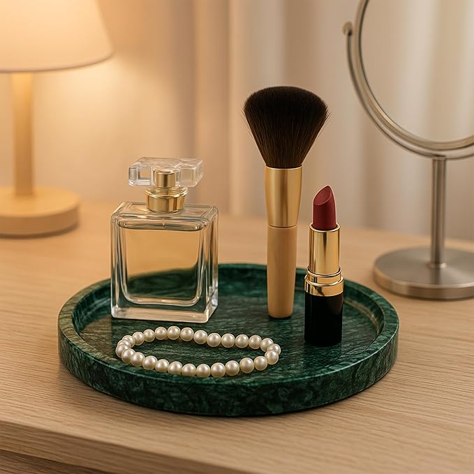 Round Marble Vanity Tray - Diameter 7.87" Natural Green Stone Tray for Bathroom Perfume Jewelry Makeup - Decorative Marble Catchall Dish for Vanity Countertop Organizer