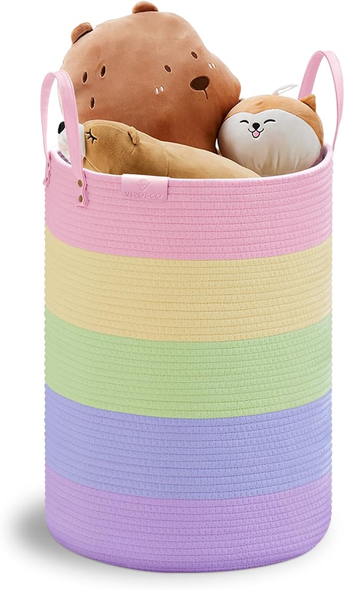 VIPOSCO Tall Laundry Basket, Large Dirty Clothes Hamper with Leather Handle, Woven Rope Storage Basket for Blanket, Toy In Living Room, Bathroom, Bedroom - 58L Rainbow