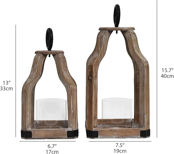 SWALLOWLIVING Rustic Farmhouse Wood Candle Hurricane Lantern with Glass Candlestick Holder for Patio, Table Centerpiece, White Wash, Set of 2