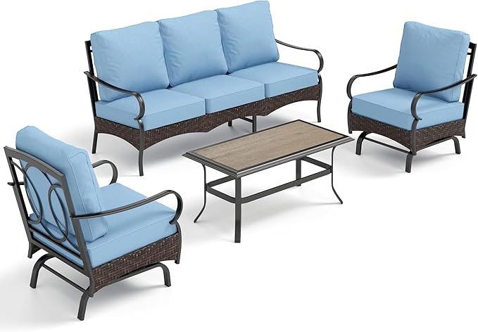 PHI VILLA Outdoor Modern Patio Furniture Set, Upgraded Wicker&Metal Patio Furniture Conversation Set with Waterproof Thick Cushions for Porch, Poolside, Deck, and Yard (4 Pieces,Blue)