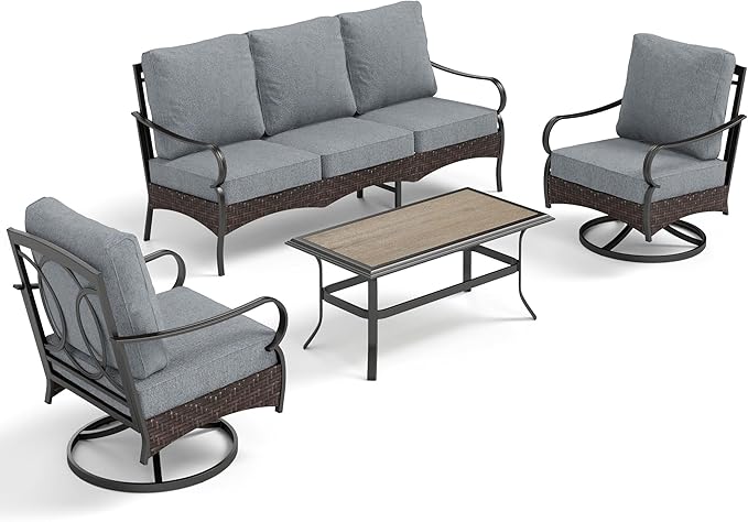 PHI VILLA Outdoor Modern Patio Furniture Set, Upgraded Wicker&Metal Patio Furniture Conversation Set with Waterproof Thick Cushions for Porch, Poolside, Deck, and Yard (4 Pieces,Grey)