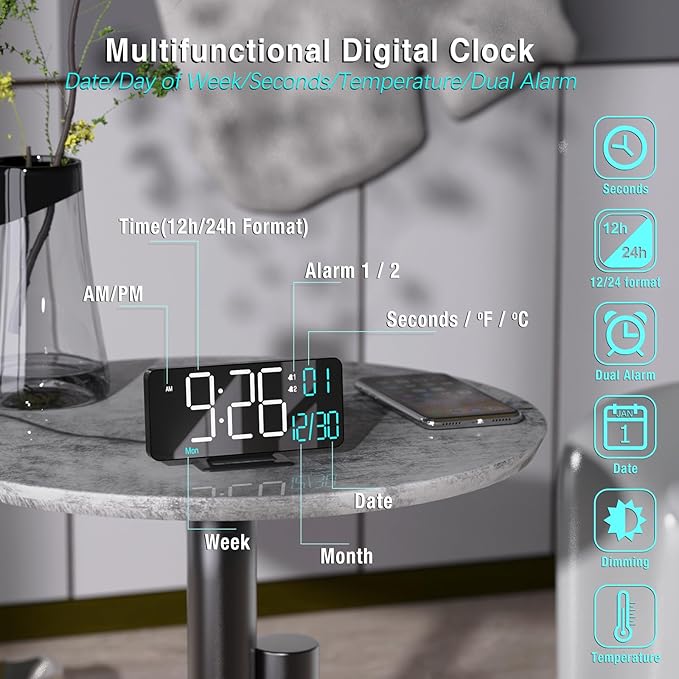 KOSUMOSU Digital Clock for Bedroom 6.7in Small Digital Alarm Clock Black, Dimming,12/24h,Date,Day of Week, Indoor Temperature,Desk Clocks for Classroom, LED Clocks for Living Room, Digital Calendar