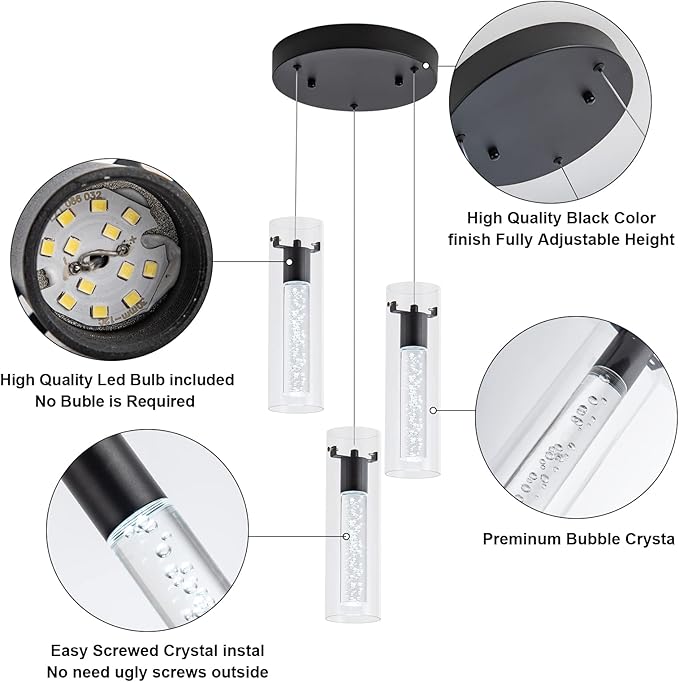 Kitchen Lighting Pendant, Modern Pendant Light with Black Finish, Pendant Lights for Kitchen Island Restaurant, Dining Room(3 Light)