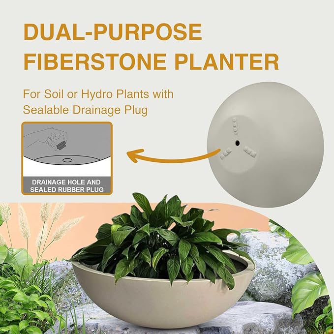 6.9" H x 19.7" D Round Bowl Fiberstone Planter for Succulent and Lotus, Drainage Hole, Weather Resistant for Indoor and Outdoor Use, Included 2 Extra Coco Mats (Taupe, 17.9" Pot Opening)