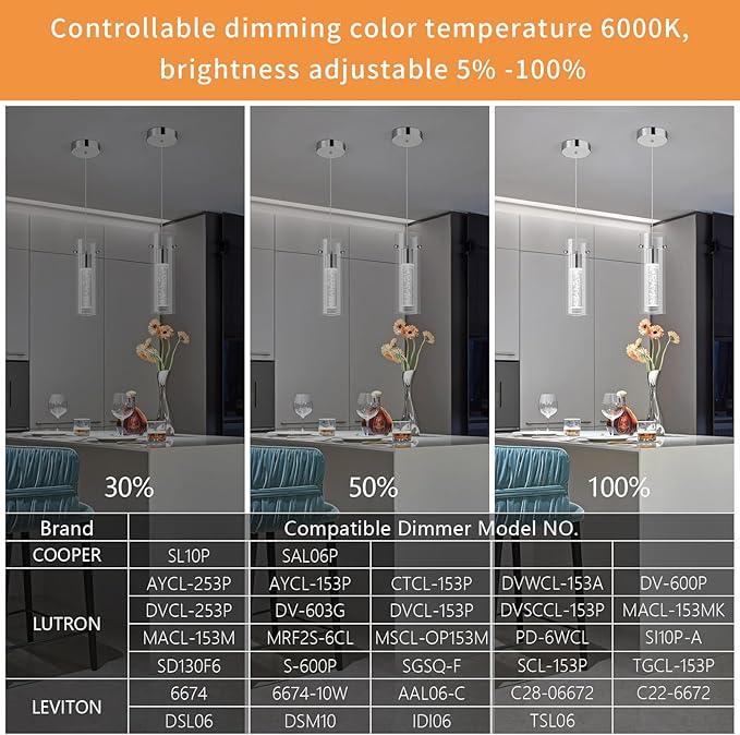 Pendant Ceiling Light Fixture for Kitchen Island, Chrome Pendant Light Integrated LED Hanging Light with Crystal Bubble Glass Pendant Light Modern Pendant Lights Kitchen Island (1-Pack)