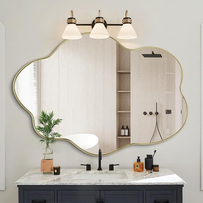 Gold Irregular Mirror, 43.7"x29.5" Asymmetrical Wall Mirror, Scalloped Decorative Mirrors, Modern Wavy Shaped Mirrors for Living Room Bathroom Bedroom Hallway Entryway Fireplace