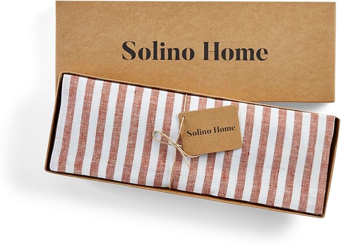 Solino Home Linen Cloth Placemats Set of 4 - Amalfi Stripe 100% Pure Linen Cinnamon and White Farmhouse Placemats 14 x 19 Inch for Fall, Autumn, Halloween, Thanksgiving