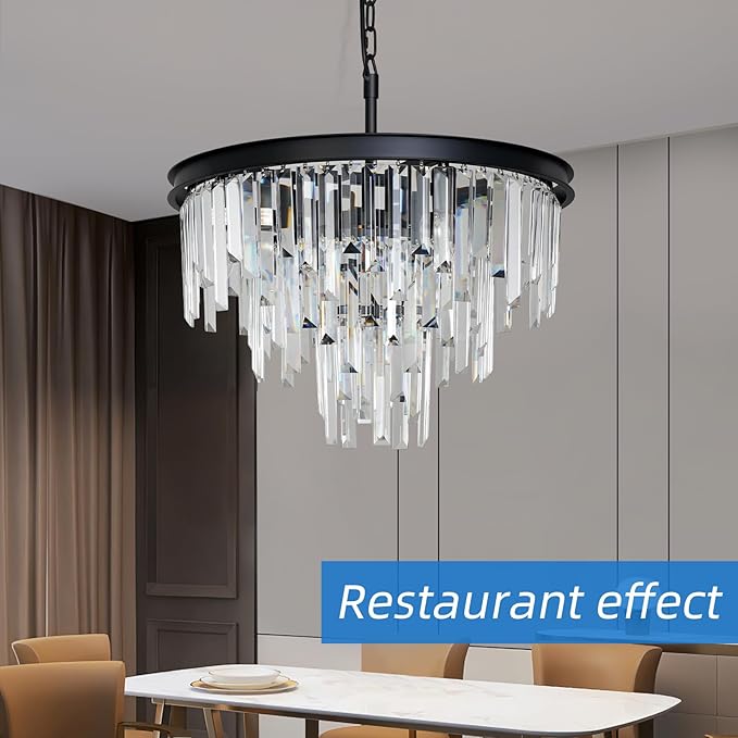 20'' Modern Crystal Chandelier, Black Round Ceiling Light with Clear Prisms, Luxury Flush Mount Lighting Fixture for Dining Room Bedroom Foyer