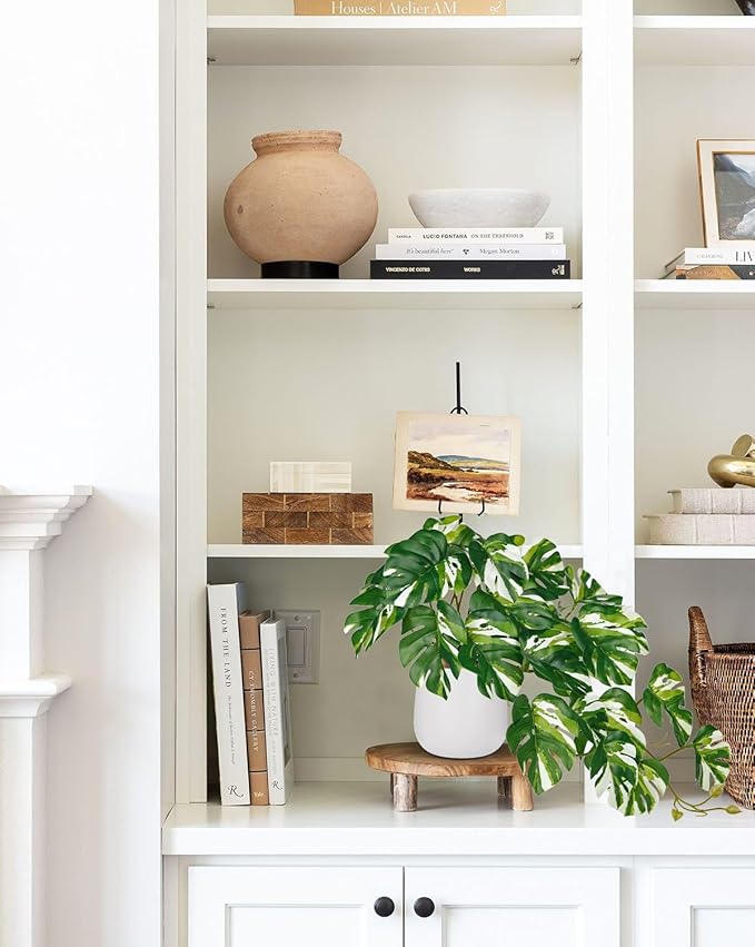 DILATATA Fake Plants Indoor 8 Inch Artificial Monstera Plant in White Ceramic Pot - Faux Potted Tropical Palm Plant for Home Aesthetic Decor Living Room Shelf Office