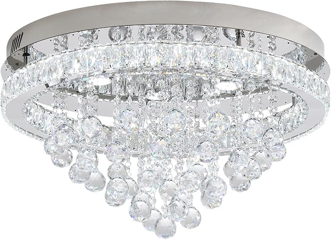24" Modern Crystal Chandeliers for Dining Room Chrome Ceiling Chandelier Flush Mount Crystal Ceiling Light for Bedroom Living Room Hallway
