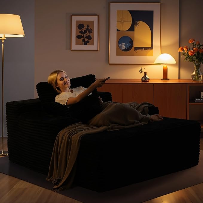 Chaise Lounge Chair Indoor, 67" Oversized Comfy Plush Fur Sleeper Sofa Bed, Boneless Upholstered Recliner Bed with Pillows and Wide Armrests, Modern Cloud Couch for Living Room, Black