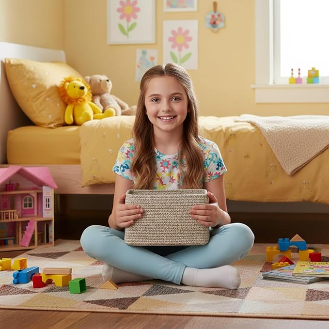 Small Cotton Rope Basket – Storage Bin for Organizing (10.6" x 6.7" x 6.7"), Bathroom Storage Basket for Shelf, Counter & Closet(Beige)