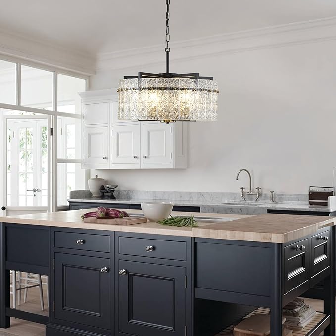 Modern Chandeliers for Dining Room,20" Black Gold Luxury Water Ripple Glass Bedroom Light Fixture,5-Light Glass Pendant Lights Kitchen Island for Living Room,Foyer