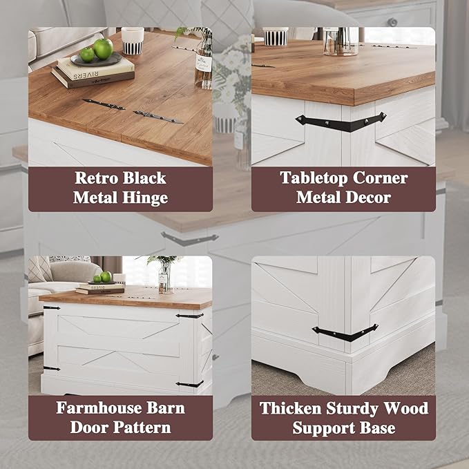 Farmhouse Coffee Table with Hidden Storage, White Square Coffee Table for Living Room, Wood Large Center Table with Hinged Lift Top for Home, Office